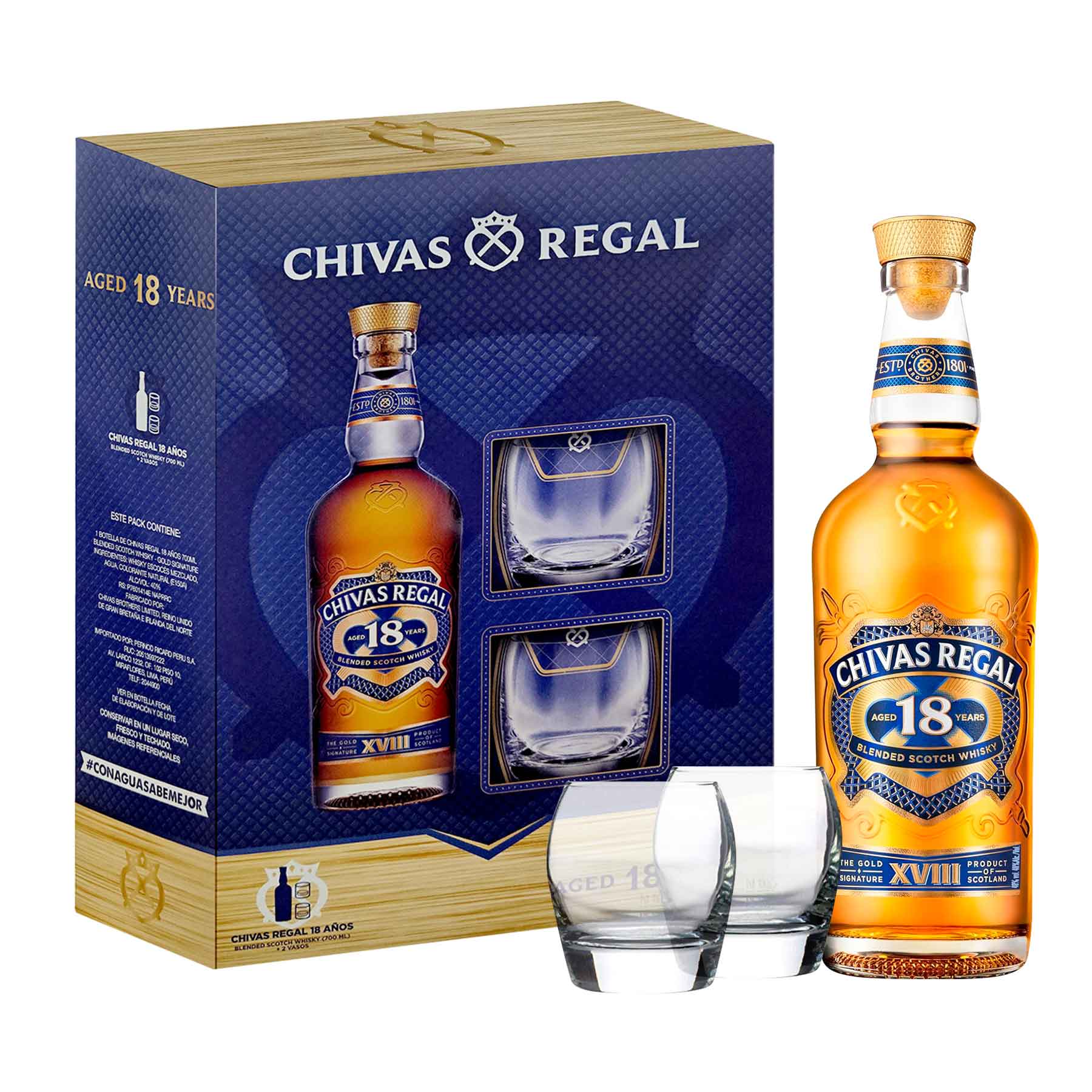 WHISKY CHIVAS REGAL 18 AÑOS X + 2 VASOS