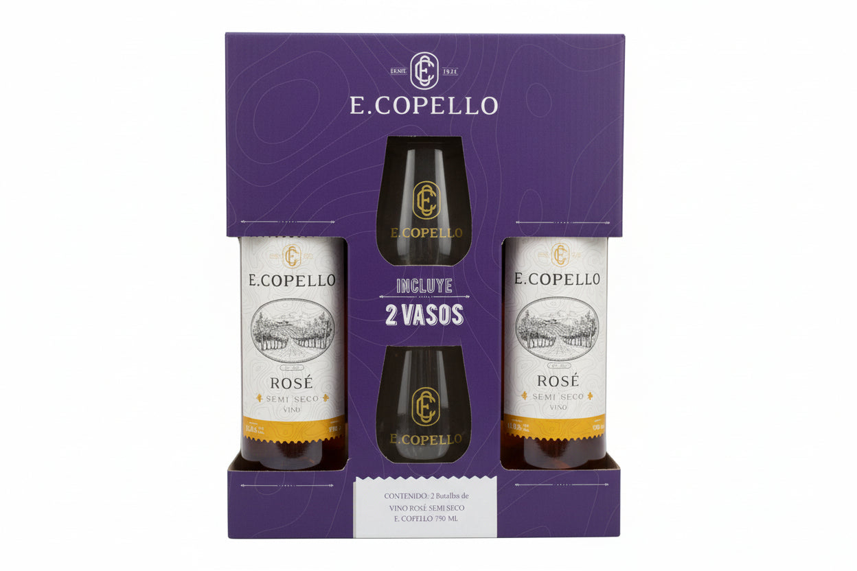 PACK 2 COPELLO ROSADO SEMISECO + 2 VASOS